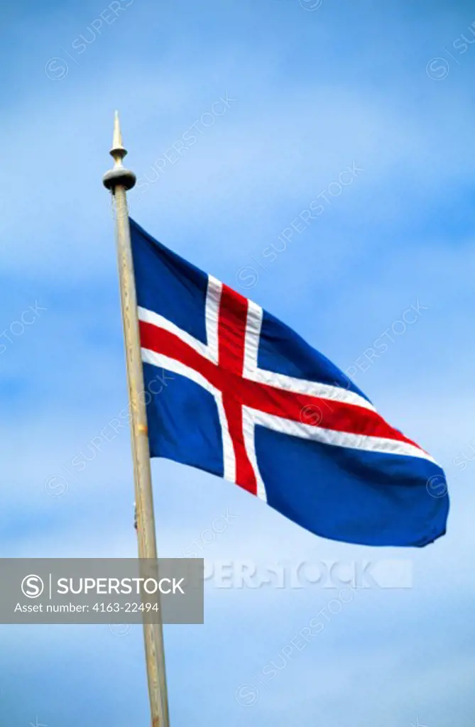 Iceland, East Coast, Djupavogur Fishing Village, Icelandic Flag