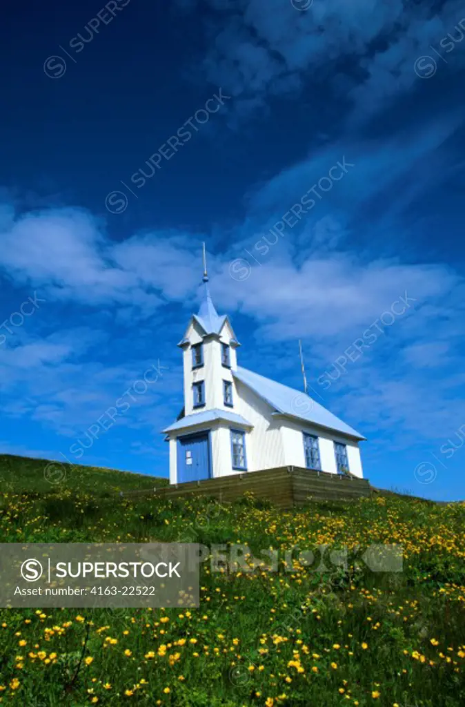Iceland, East Coast, Stodvarfjodur Village, Old Church In Buttercup Field (Converted Into B & B)