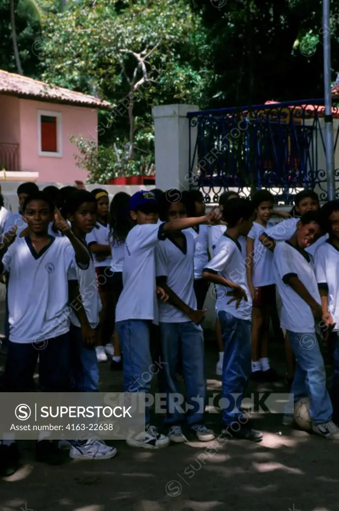 Brazil, Near Recife, Olinda, Street Scene, Local School, Students Lining Up For Sports