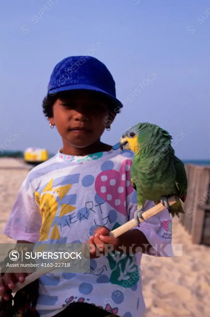 Brazil, Amazon River, Rio Tapajos, Alter Do Chao, Local Girl With Pet Parrot