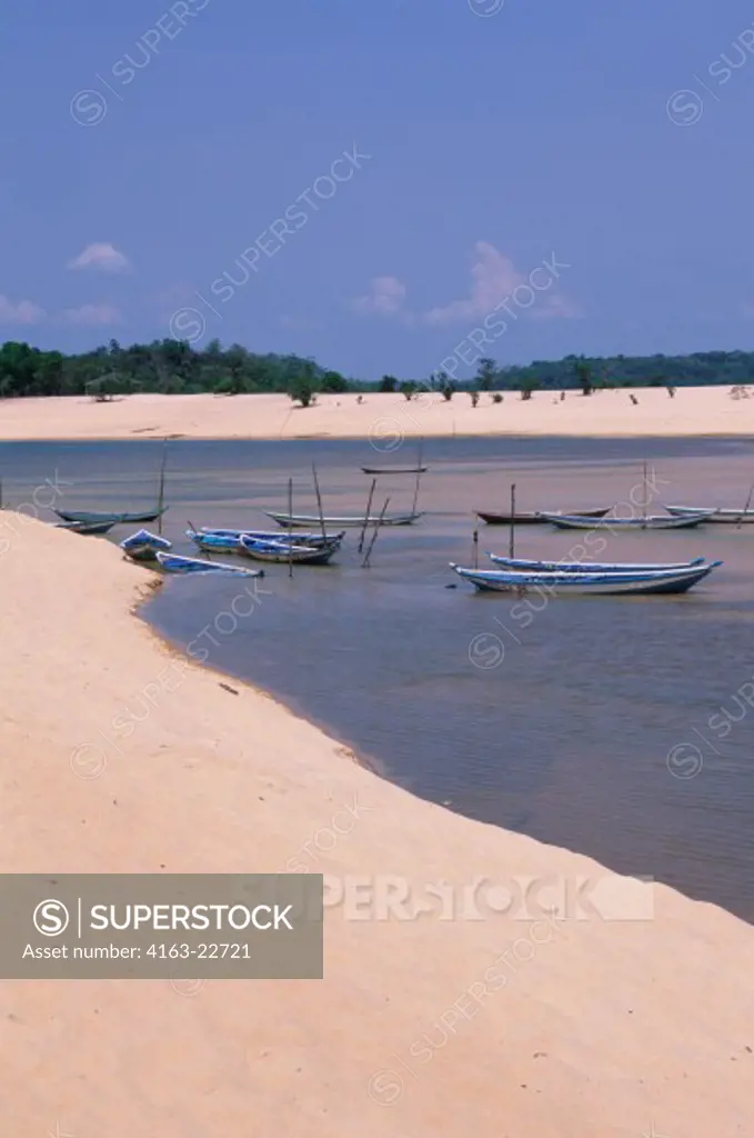 Brazil, Amazon River, Rio Tapajos, Alter Do Chao, Canoes On White Sand Beach