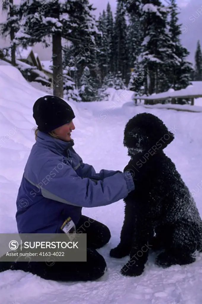 CANADA, BRITISH COLUMBIA, SUN PEAKS, VILLAGE SCENE, GIRL (11 YEARS OLD) WITH POODLE IN SNOW