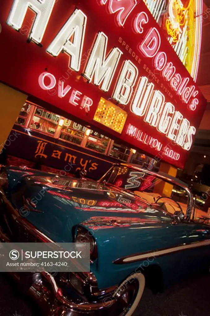 USA, MICHIGAN, NEAR DETROIT, DEARBORN, HENRY FORD MUSEUM, 1950 CHEVROLET CONVERTIBLE, MCDONALD'S SIGN