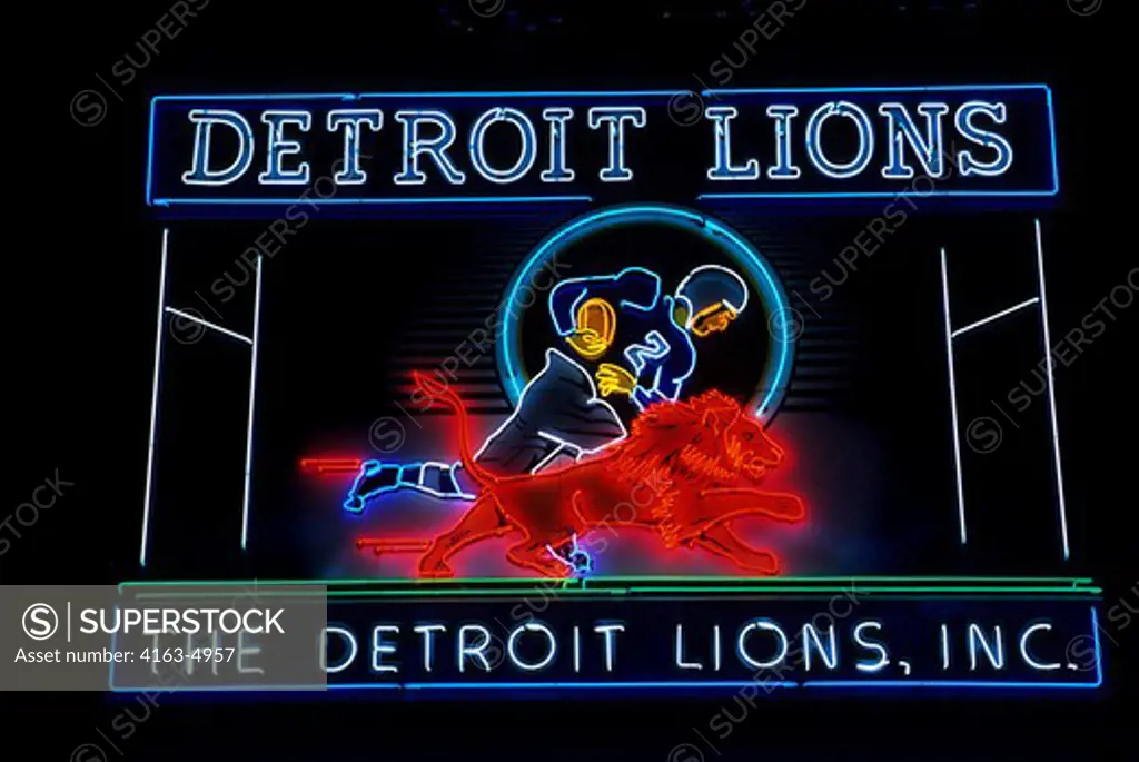 USA, MICHIGAN, DETROIT, FORD FIELD, DETROIT LIONS NEON SIGN