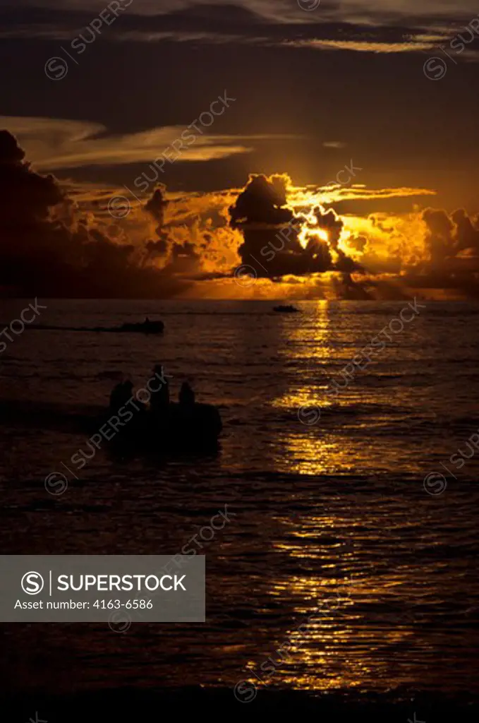 SEYCHELLES, ASSUMPTION ISLAND, ZODIACS IN SUNSET