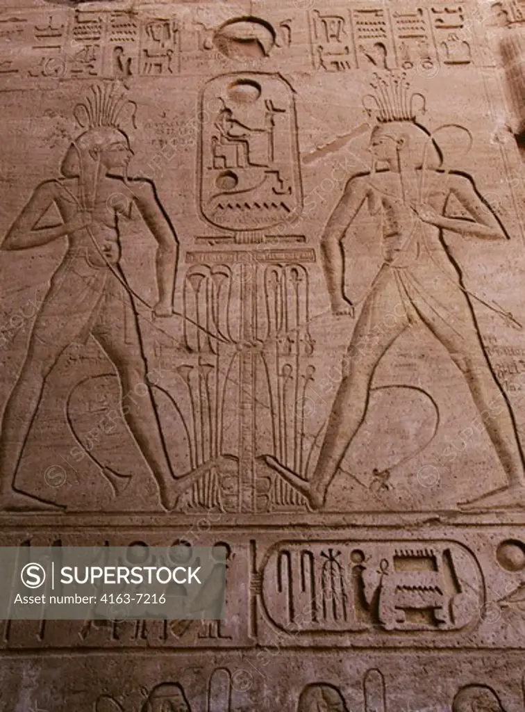 EGYPT, ABU SIMBEL, GREAT TEMPLE OF ABU SIMBEL, RELIEF CARVING AT ENTRANCE, HIEROGLYPH