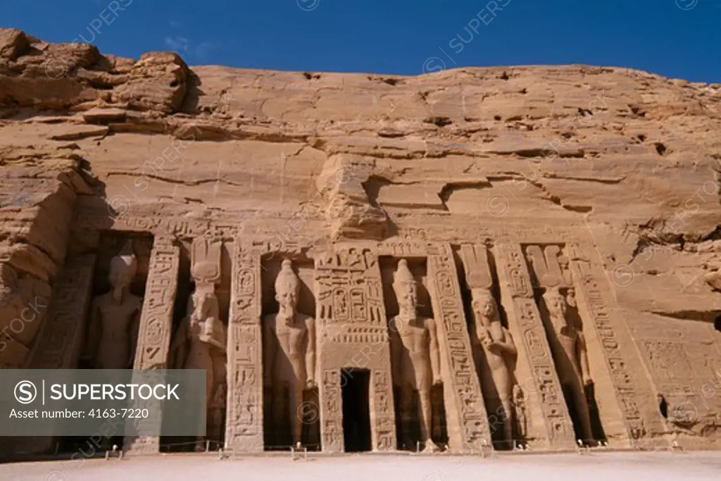 EGYPT, ABU SIMBEL, SMALL TEMPLE OF ABU SIMBEL, FACADE, RAMSES II AND NEFERTARI-HATHOR