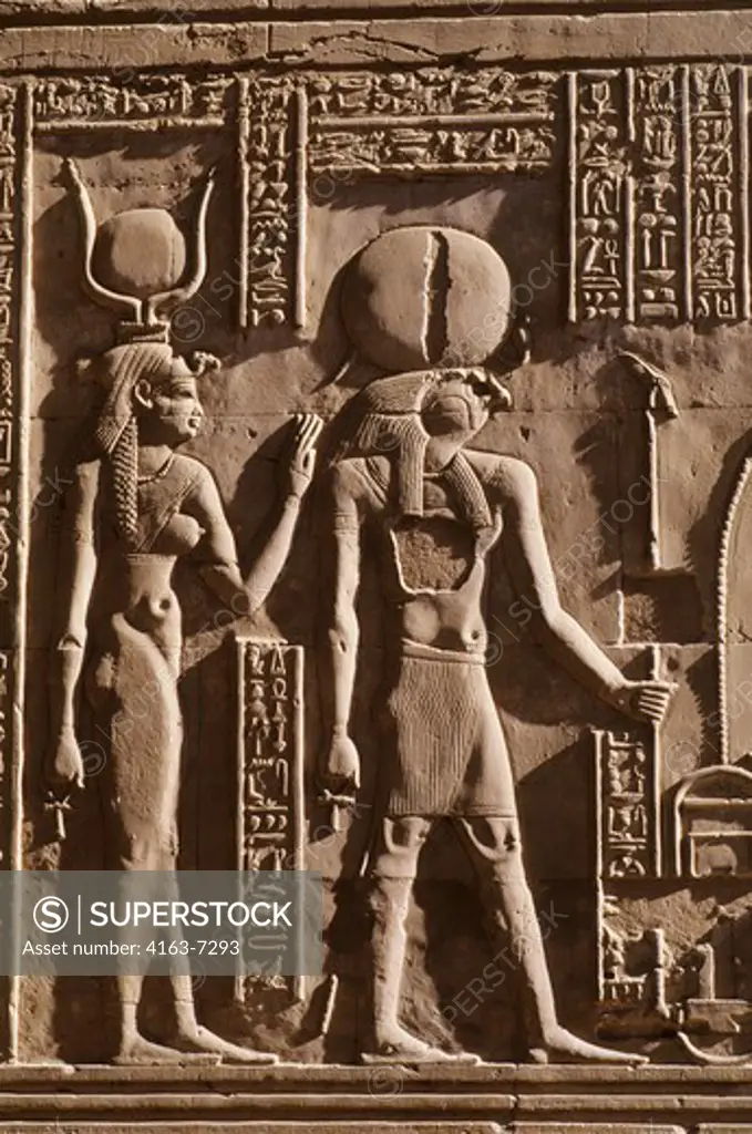 EGYPT, NILE RIVER, KOM OMBO TEMPLE, RELIEF CARVING, INNER HYPOSTYLE, HORUS AND HATHOR