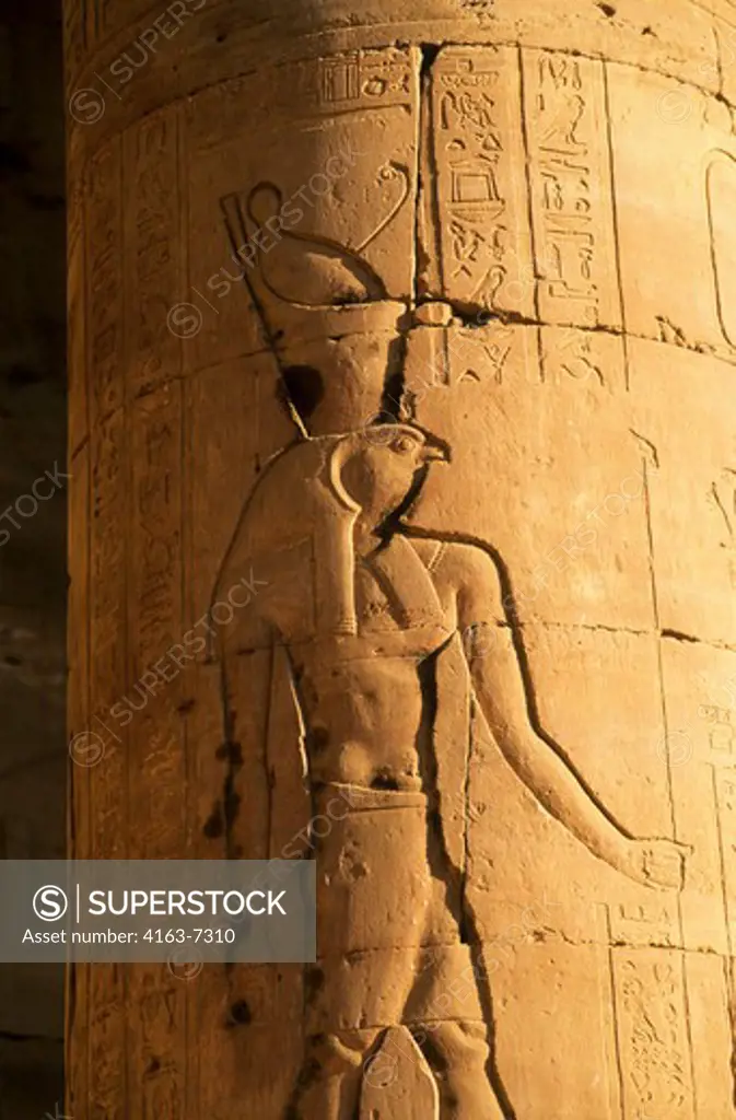 EGYPT, NILE RIVER, EDFU, TEMPLE OF HORUS, RELIEF CARVING OF HORUS
