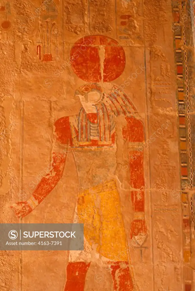 EGYPT, NILE RIVER, NEAR LUXOR, TEMPLE OF HATSHEPSUT, CHAPEL OF ANUBIS, PAINTED RELIEF CARVINGS
