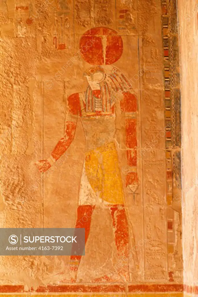 EGYPT, NILE RIVER, NEAR LUXOR, TEMPLE OF HATSHEPSUT, CHAPEL OF ANUBIS, PAINTED RELIEF CARVINGS