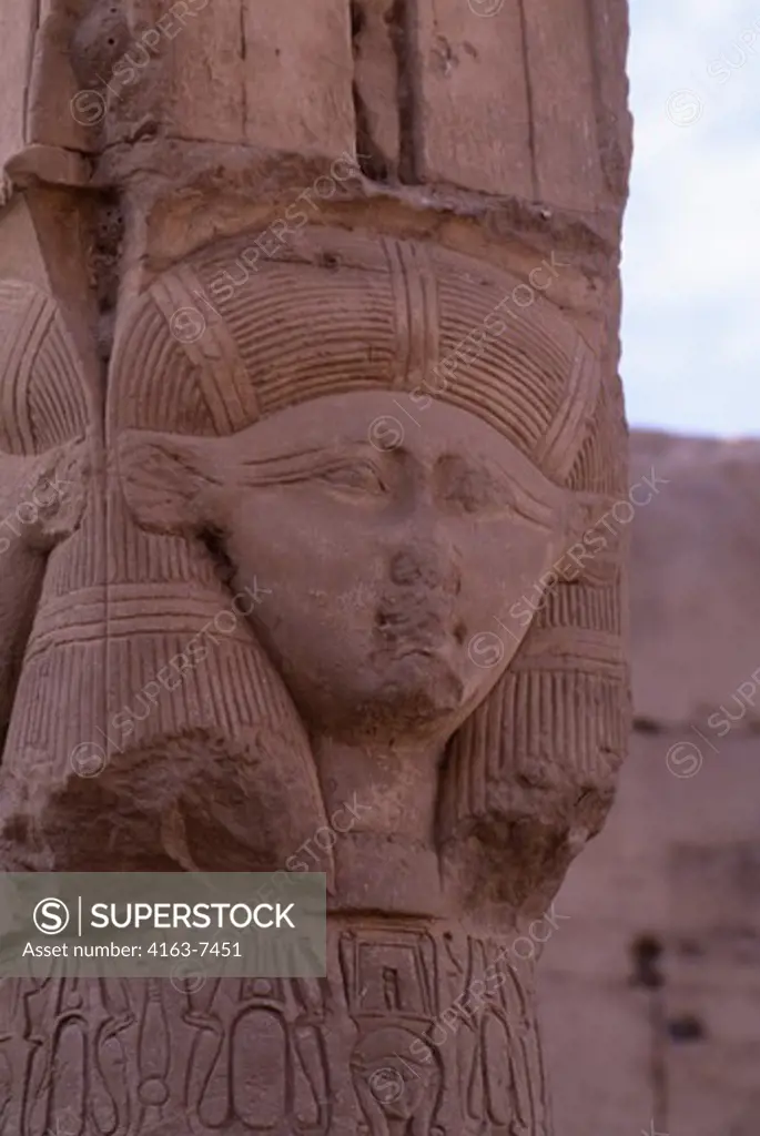 EGYPT, DENDERA, TEMPLE OF DENDERA, TEMPLE OF HATHOR, COLUMN, HATHOR WITH COW EARS