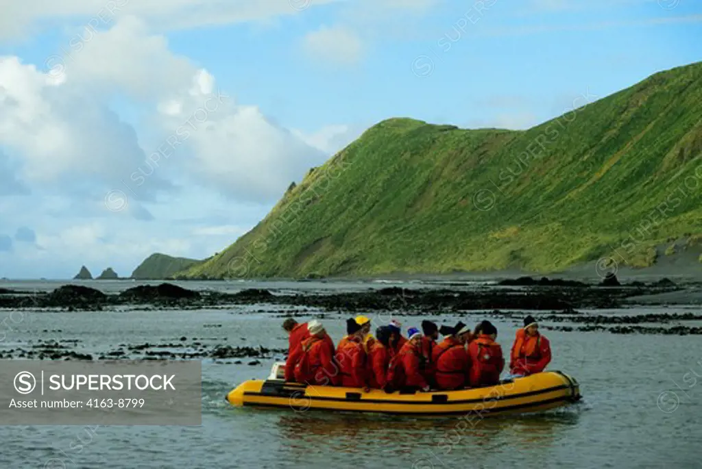 MACQUARIE ISLAND, ZODIAK WITH TOURISTS, COASTLINE BACKGROUND