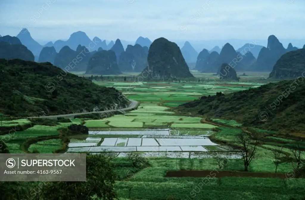CHINA, GUILIN, VIEW OF LIME STONE MOUNTAINS WITH FIELDS NEAR THE LI RIVER