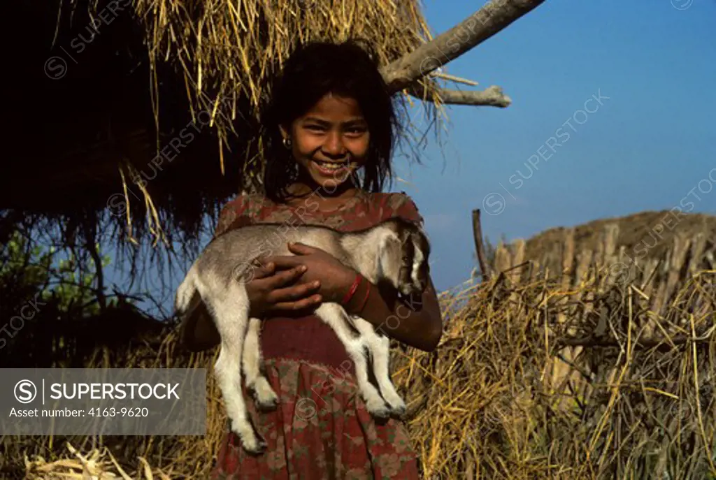 NEPAL, GIRL CARRYING A YOUNG GOAT