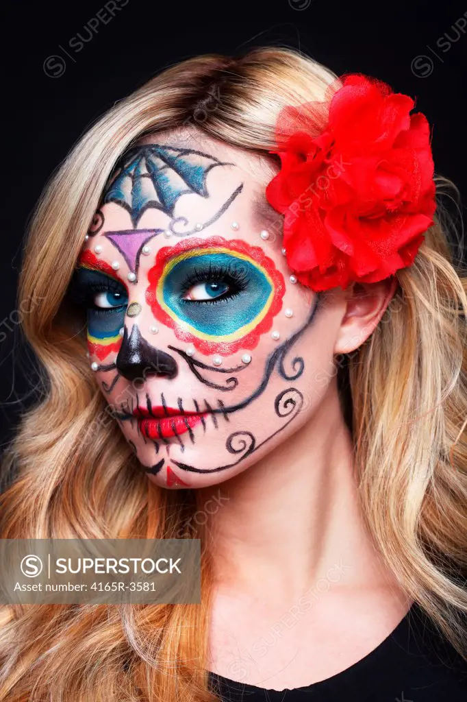 Stunning Blonde Woman With Painted Sugar Skull Art