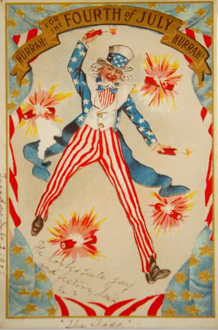 Celebrating the 4th of July - a 1907 vintage illustration of Uncle Sam with fireworks.