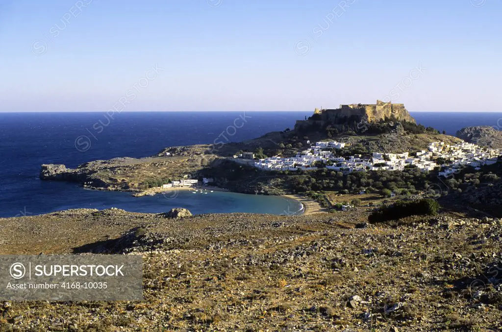 Greece, Rhodes, View Of Lindos With Acropolis