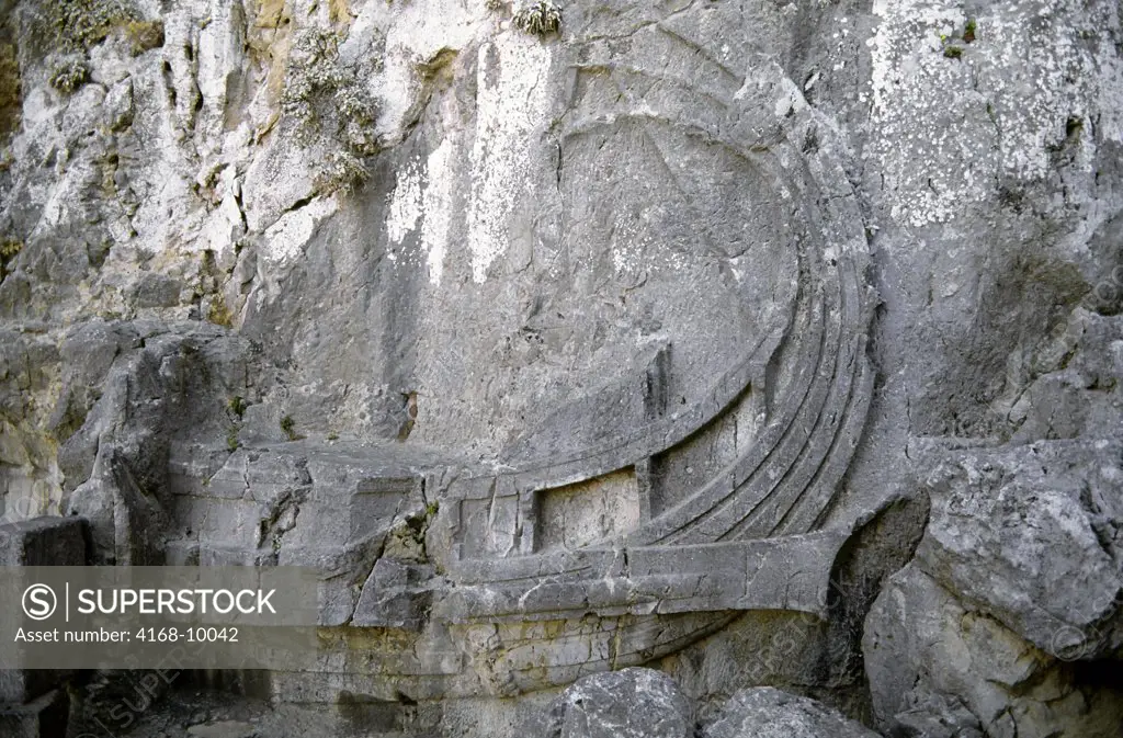 Greece, Rhodes, Lindos, Acropolis, Ship Carved In Relief On The Rock Outside Acropolis