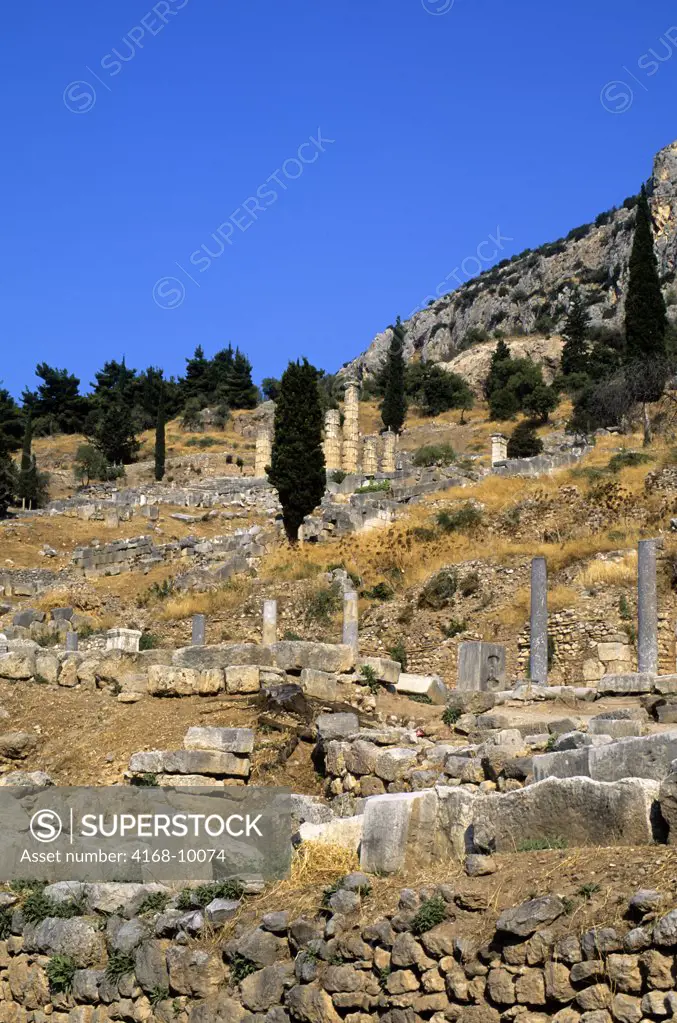 Greece, Delphi, Sanctuary Of Apollo, View Of Temple Of Apollo