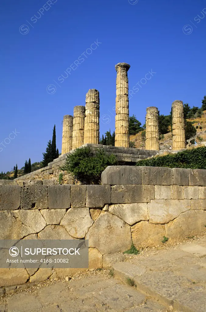 Greece, Delphi, Sanctuary Of Apollo, Sacred Way, Polygonal Wall, Temple Of Apollo