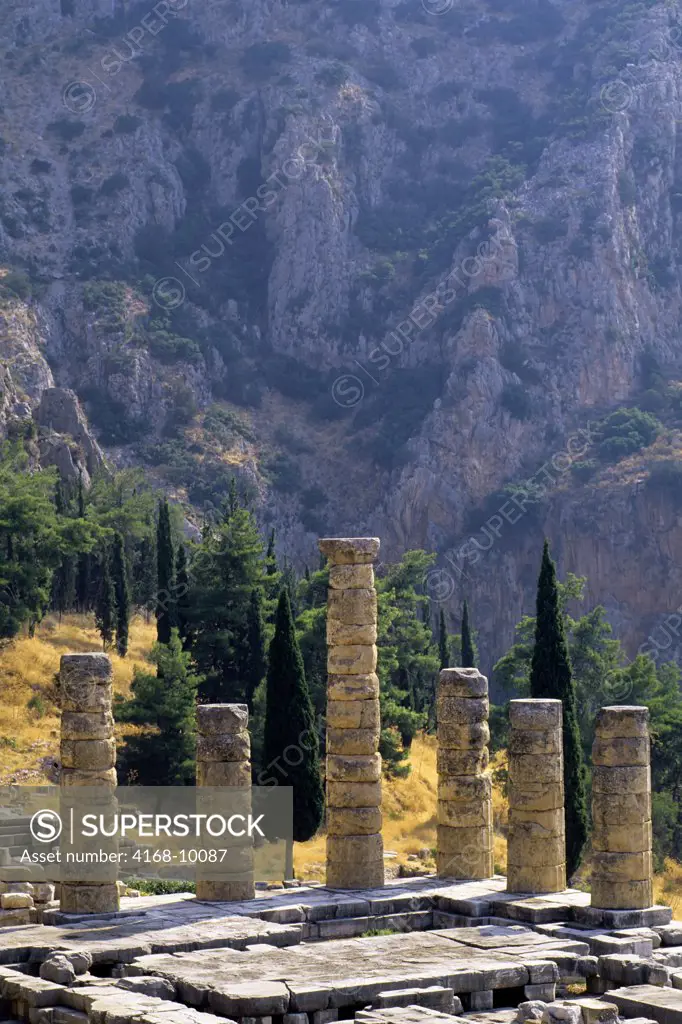 Greece, Delphi, Sanctuary Of Apollo, Temple Of Apollo, Cypress And Pine Trees