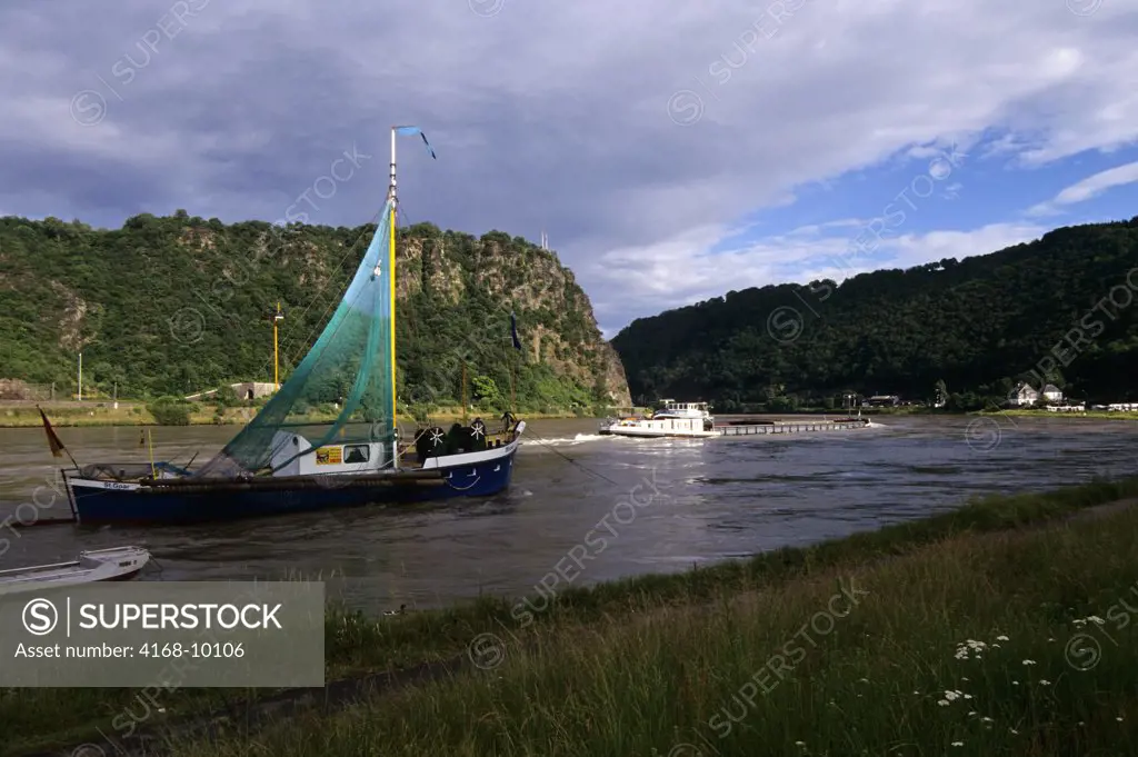 Germany, Rhine River, View Of The 'Loreley (Lorelei)' Rock, Old Fishing Boat In Foreground
