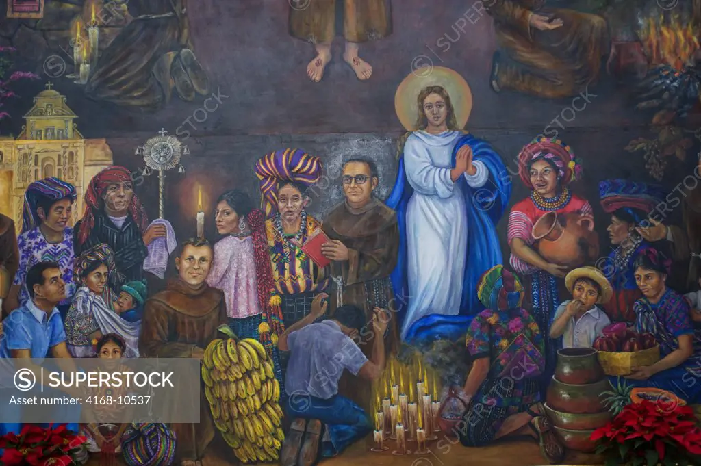 Guatemala, Highlands, Antigua, San Francisco Church, Interior, Religious Painting Integrating The Mayan Culture