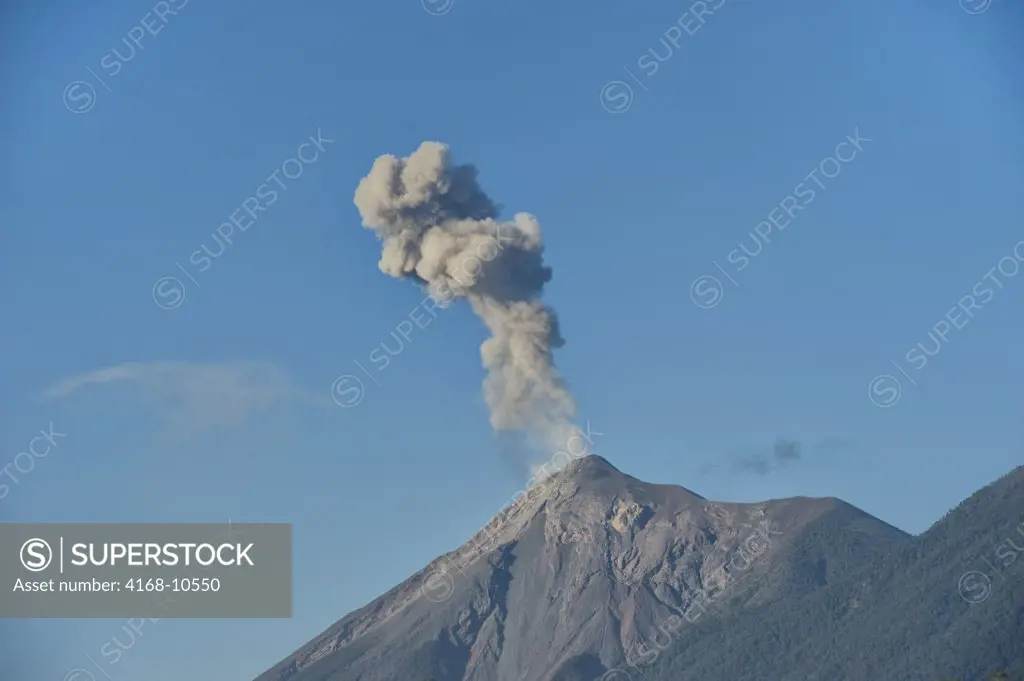 Guatemala, Highlands, Antigua,  View Of Fuego Volcano Erupting, Ash Cloud