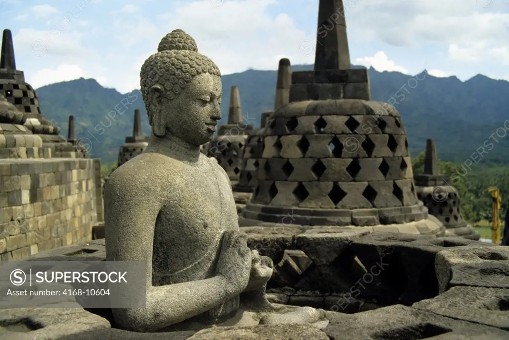 Indonesia, Java, Borobudur Buddhist Temple, Upper Terrace With Bell Stupas