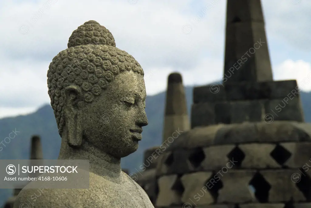 Indonesia, Java, Borobudur Buddhist Temple, Upper Terrace With Bell Stupas & Buddha Statues
