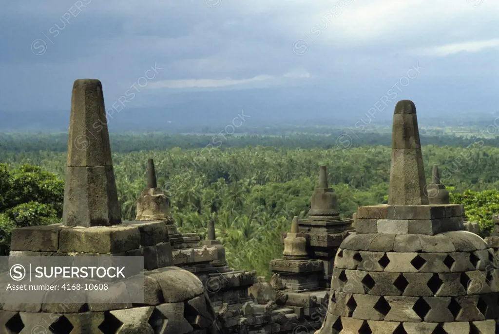 Indonesia, Java, Borobudur Buddhist Temple, Upper Terrace With Bell Stupas