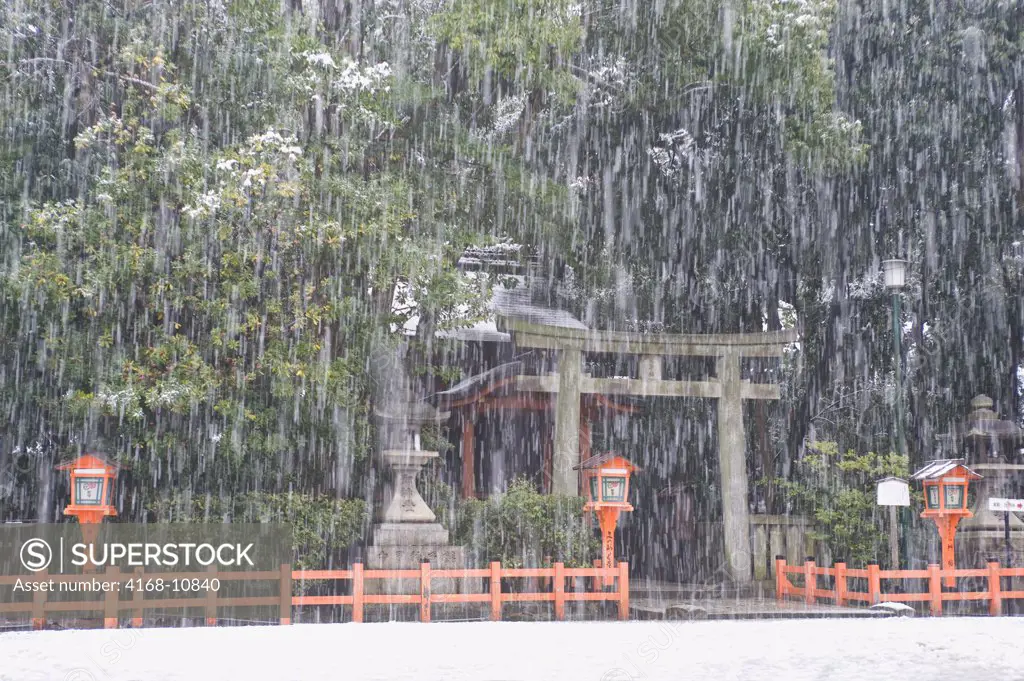 Japan, Kyoto, Yasaka Shrine (Shinto) In Snow, Tori Gate