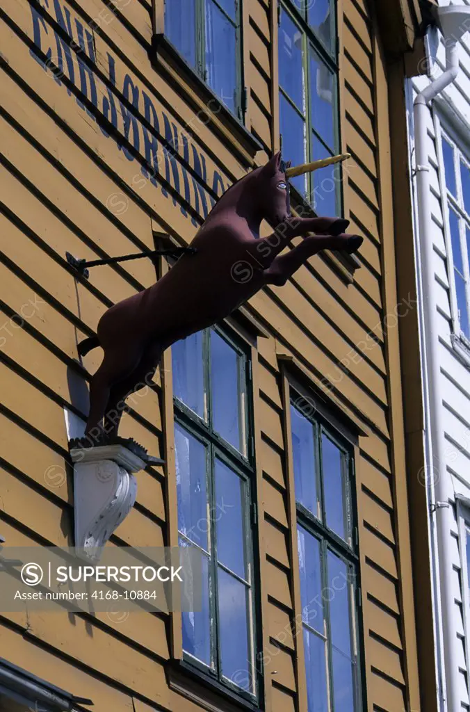 Norway, Bergen, Bryggen District With Historic Wooden House, Detail, Unicorn