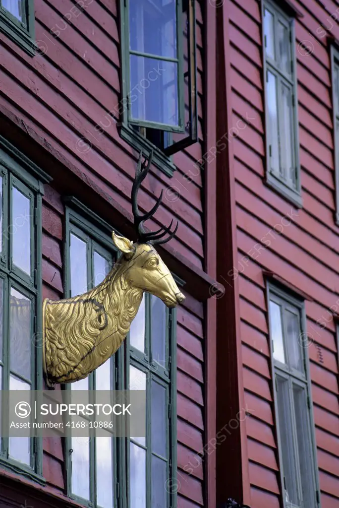 Norway, Bergen, Bryggen District With Historic Wooden House, Detail, Deer