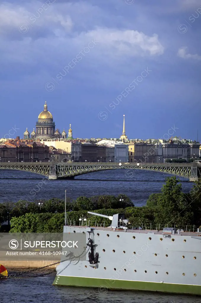 Russia, St. Petersburg, Historic Cruiser 'Aurora', With Neva River & St. Isaac'S Cathedral