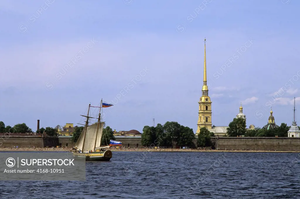 Russia, St. Petersburg, Neva River With Peter And Paul Fortress And Sailing Ship