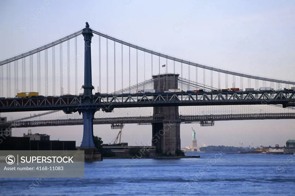 Usa, New York, New York City, Manhattan & Brooklyn Bridges, (Suspension) Statue Of Liberty