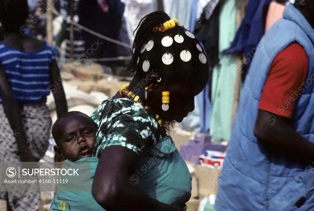 Mali, Djenne, Weekly Market, Market Scene With Mother And Baby