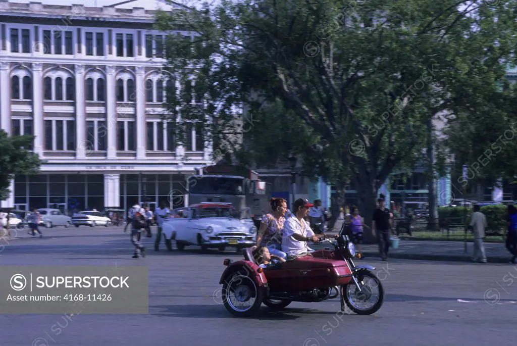 Cuba, Havana, Street Scene, Motorcycle With Sidecar, Family