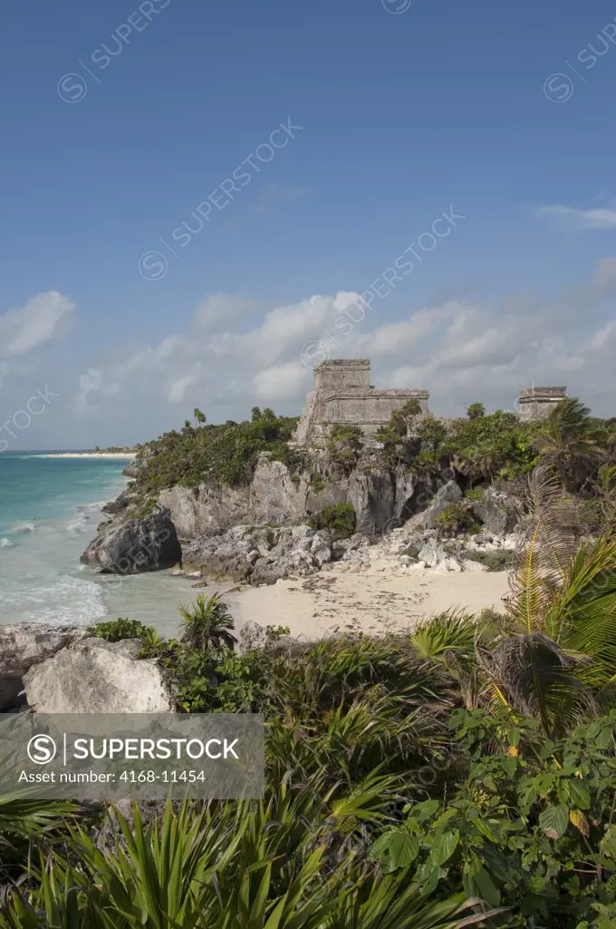 Mexico, Yucatan Peninsula, Near Cancun, Riviera Maya, Maya Ruins Of Tulum, Beach With View Of El Castillo