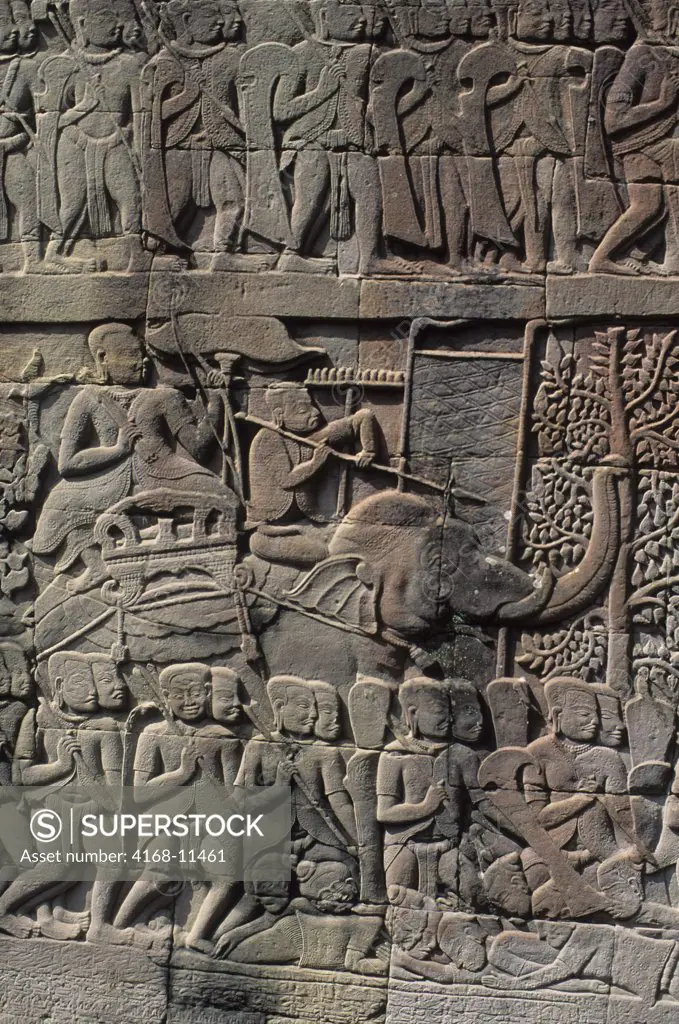 Cambodia, Angkor, Angkor Thom, Bayon Temple, Gallery With Bas-Reliefs, Battle Scenewith Elephant