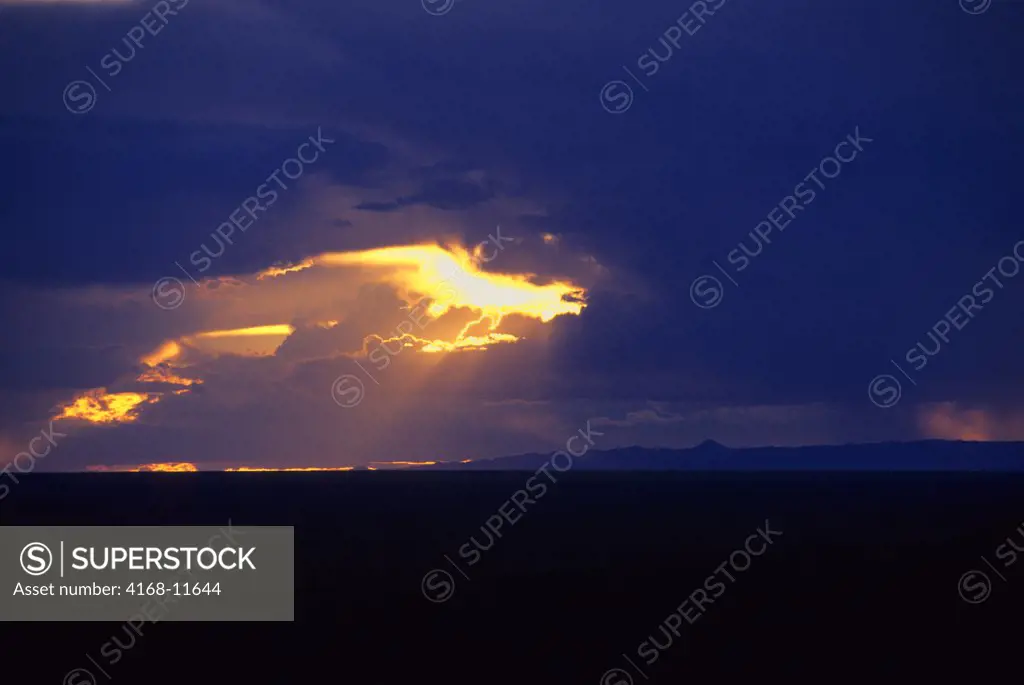 Mongolia, Gobi Desert, Near Dalanzadgad, Grasslands (Steppes), Dramatic Evening Sky, Sunset