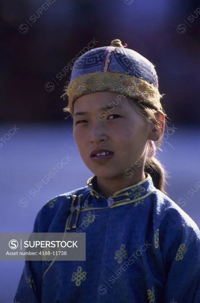 Mongolia, Ulaanbaatar, Naadam Festival, Portrait Of Girl In Traditional Clothing