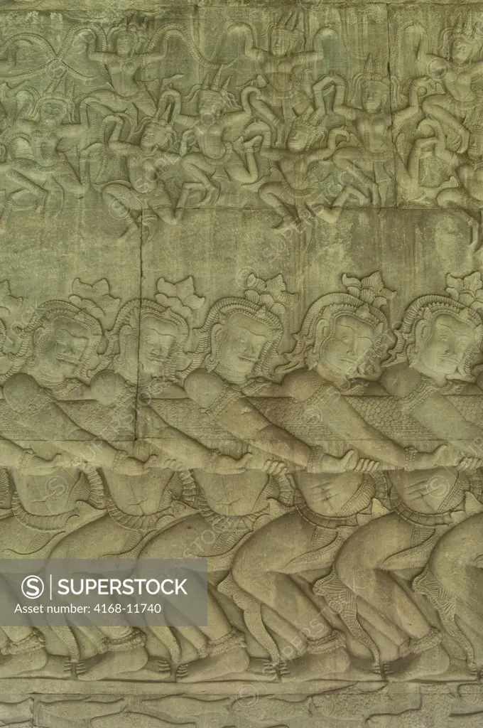 Cambodia, Angkor, Angkor Wat, East Gallery, Bas-Relief Scene Of The Churning Of The Ocean Of Milk, Apsaras Above