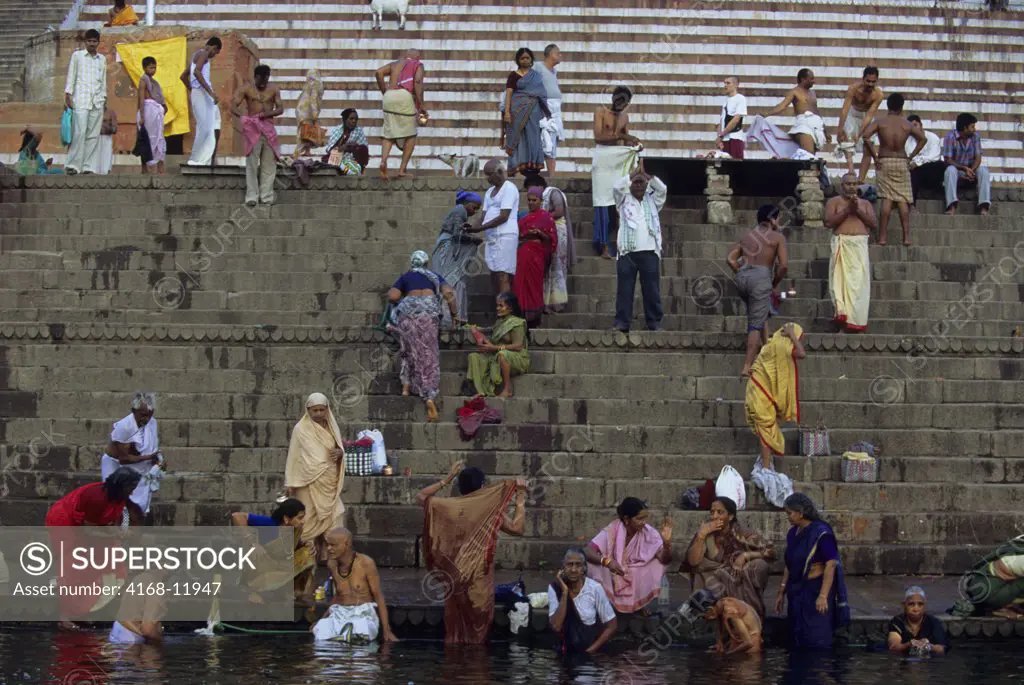 India, Varanasi, Ganges River, Pilgrims Washing In River