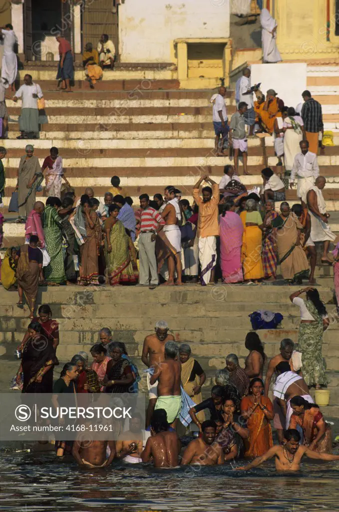 India, Varanasi, Ganges River, Pilgrims Washing In River
