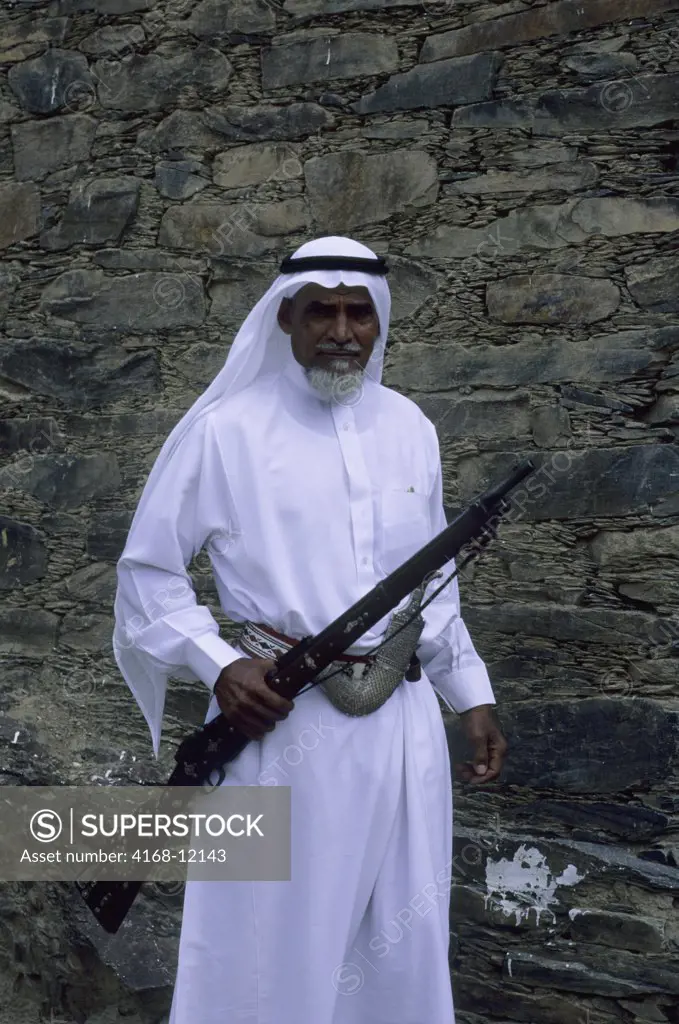 Saudi Arabia, Near Abha, Wadi Al Aws, Rijal Alma Museum, Local Man With Old Rifle