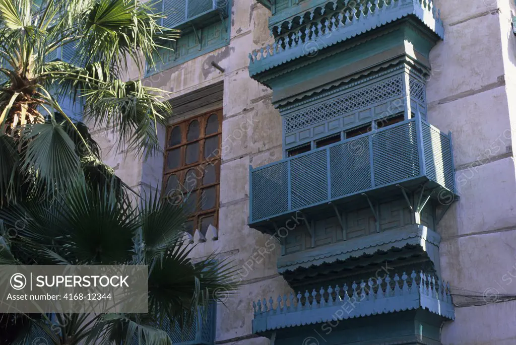Saudi Arabia, Jeddah, Old Town, House, Detail Of Windows, Palm Tree