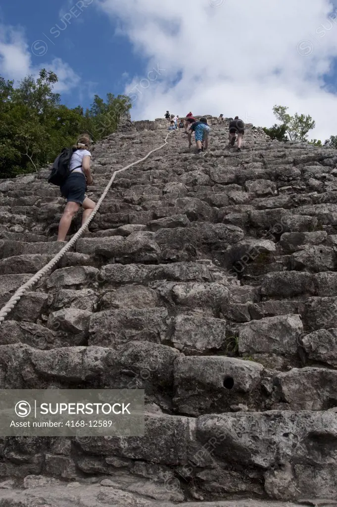 Mexico, Yucatan Peninsula, Near Cancun, Maya Ruins Of Coba, Nohoch Mut Group, Tourists Climbing Castle, Pyramid